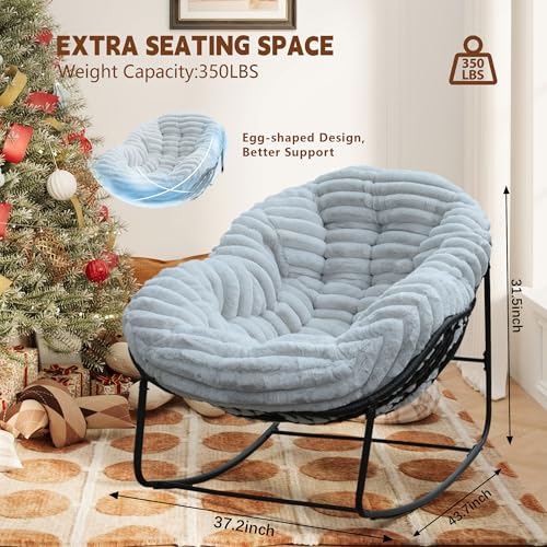Outdoor Indoor Rocking Chair, Patio Wicker Egg Chair, Indoor & Outdoor Comfy Oversized Papasan Chair with Padded Cushion
