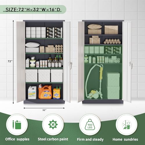 Greenvelly Steel SnapIt Storage Cabinet 72" Locking Metal Garage Storage Cabinet with 4 Adjustable Shelves, 2 Doors and Lock for File, Office, Garage