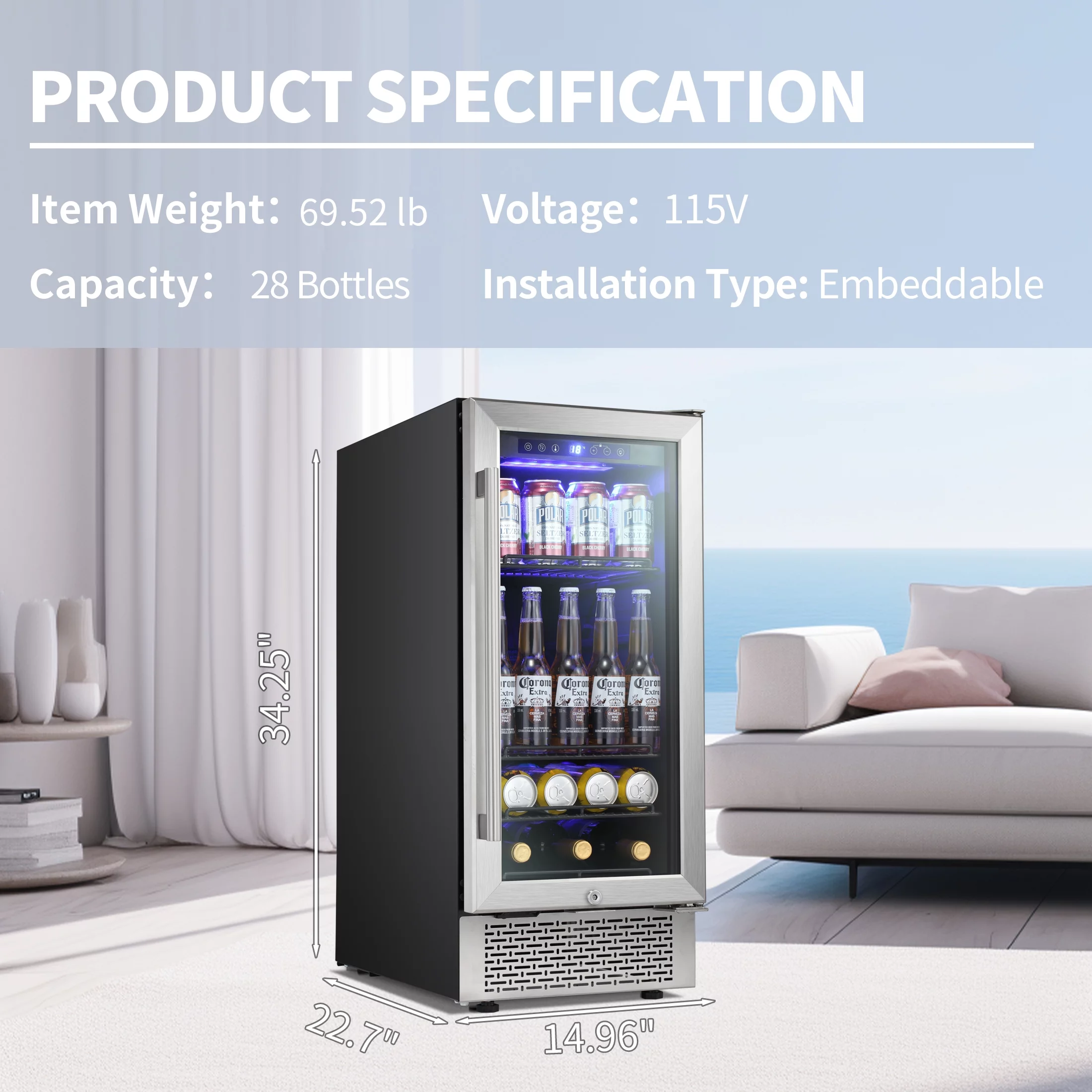 Auseo 15 inch Beverage Refrigerator, Built-in Wine Cooler, Mini Beverage Fridge, Clear Glass Door, Digital Memory Temperature Control