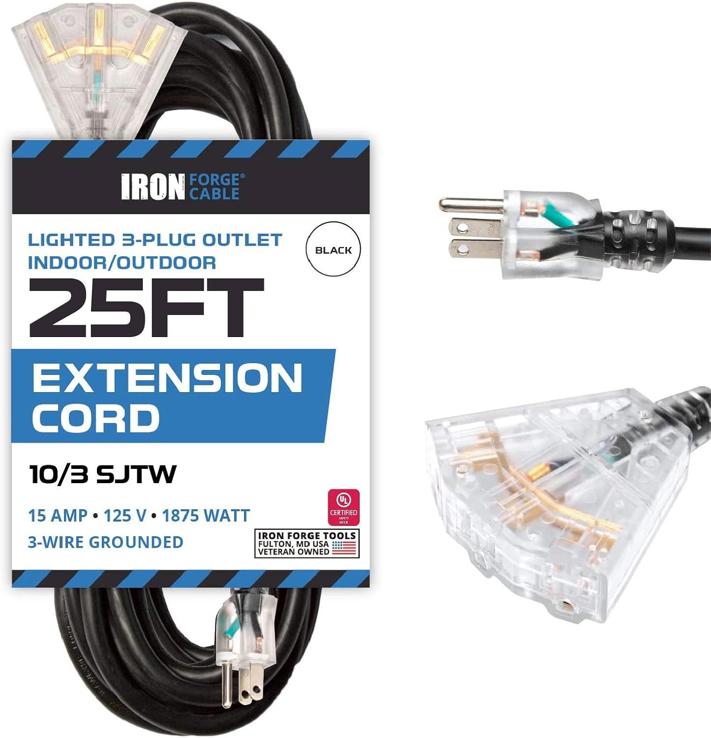 50 Foot Lighted Outdoor Extension Cord with 3 Electrical Power Outlets