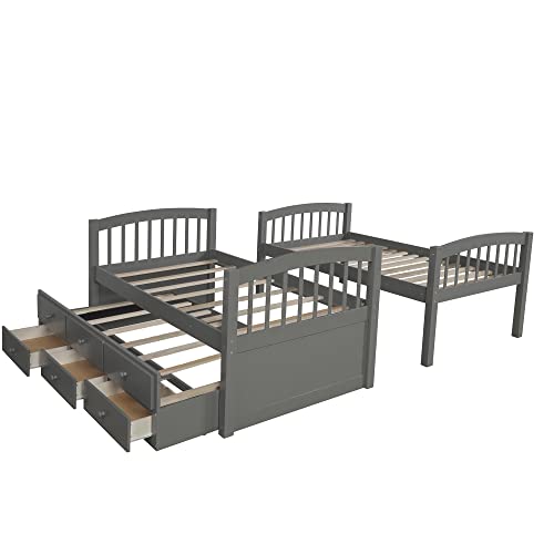 Harper & Bright Designs Twin Over Twin Bunk Bed with Storage Drawers, Solid Wood Bunk Bed Frame with Trundle, for Kids, Teens, Adults (Espresso)