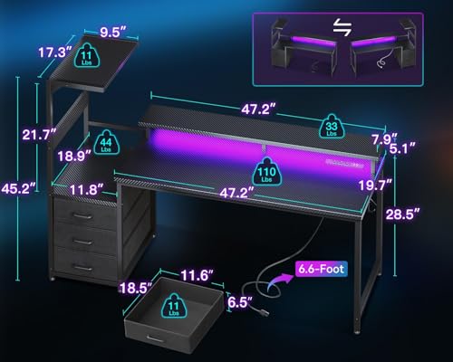 AODK 59 Inch Gaming Desk with USB Charging Ports & LED Light- Reversible Computer Desk with Storage Shelves & Monitor Stand