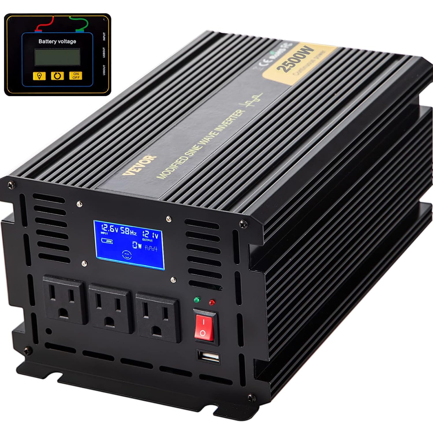 VEVOR Power Inverter, 2500W Modified Sine Wave Inverter, DC 12V to AC 120V Car Converter, with LCD Display, Remote Controller, LED Indicator