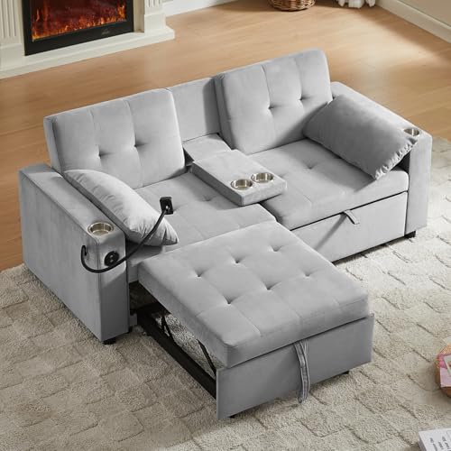 68.11" Corduroy Sleeper Chair Bed with USB Port, Cup Holders & Side Storage Pockets – 3-in-1 Foldable Sofa Bed for Guest Room, Living Room – White