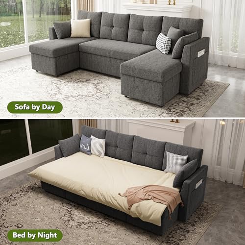 Oversized Sleeper Sofa Couch, 110 inch 2 in 1 Pullout Couch Bed with Double Storage Chaise