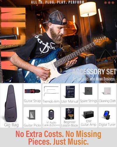 AKLOT Stryde Electric Guitar with Coil-Split: Roasted Maple Neck, Flame Maple Graphic Top, HSS Ceramic Pickups, Beginner Guitar Kit with 10W Amp