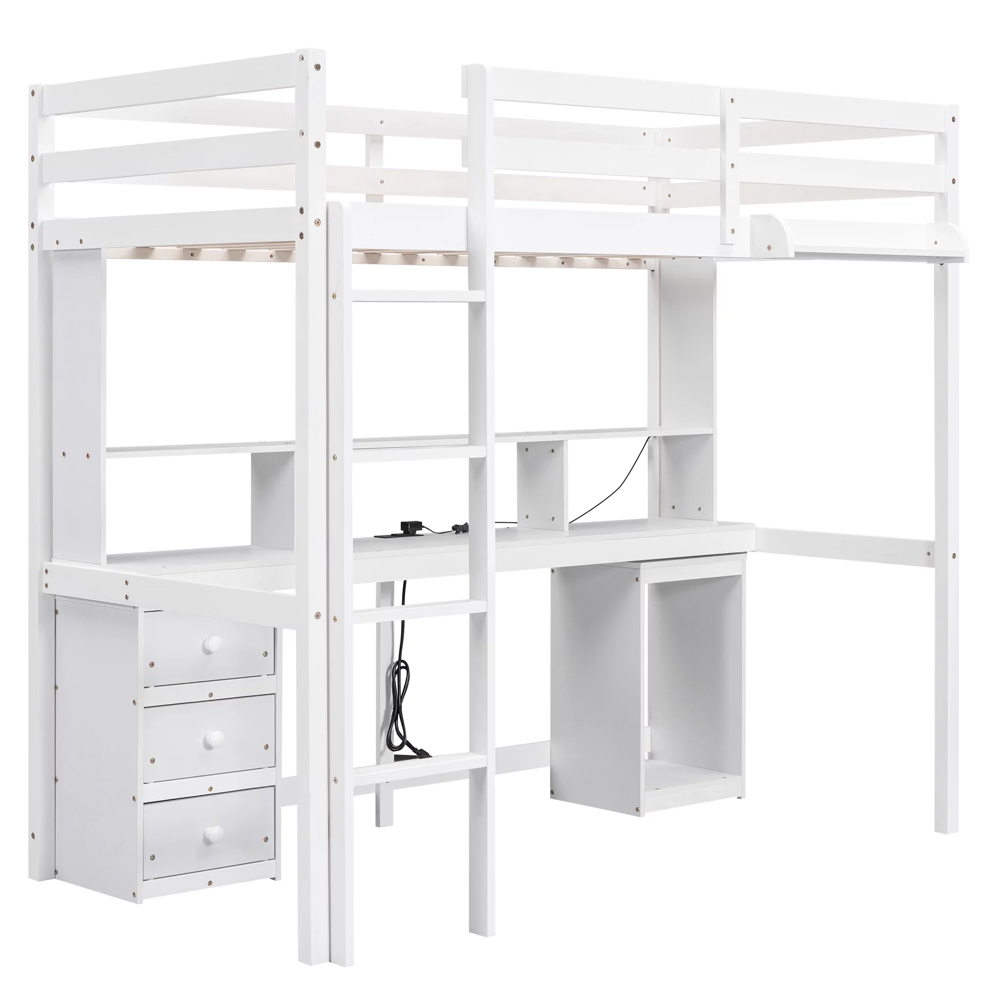 Euroco Twin Size Loft Bed with Built-in Desk, 3 Drawers and USB Charging Station, LED Light Under Bed Space