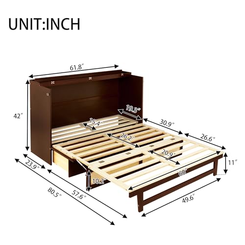 Queen Murphy Bed with Desk and Removable Shelves on Each Side, Murphy Bed Chest Murphy Bed Frame w/USB Port for Home Office, Studio or Guest Room