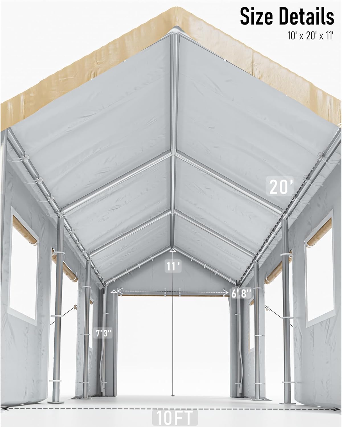 Carport 10'x20' Portable Garage, Reinforced Steel Poles, Heavy Duty Carport Canopy, 4 Roll-up Doors & 4 Mesh Windows, for Pickup, Boat, and Equipment