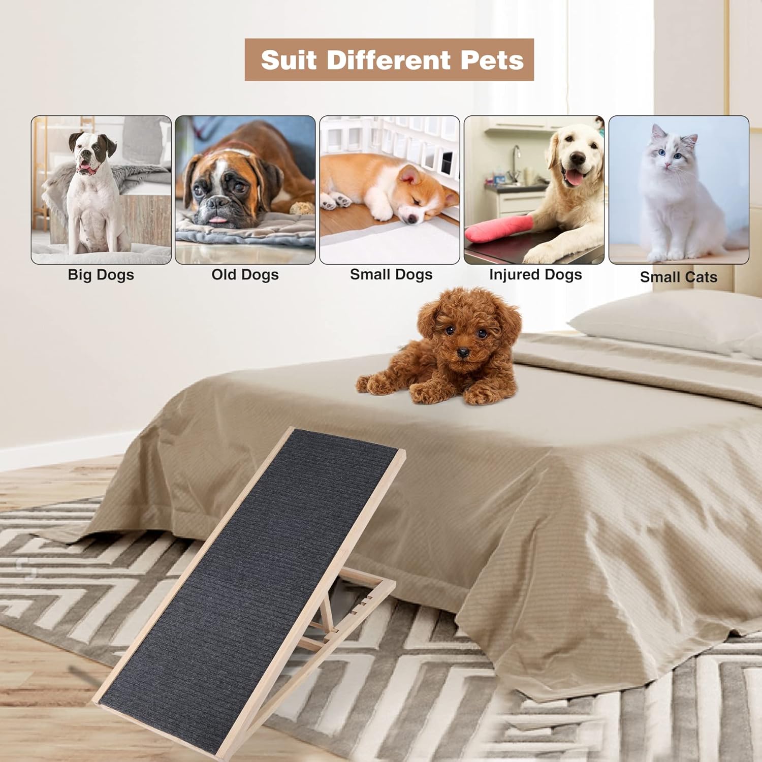 Domaker Wooden Pet Ramp for Dogs and Cats, Dog Ramp Height Adjust from 11.81inches to 23.6inches with Non Slip Carpet Surface for SUV, Bed, Couch