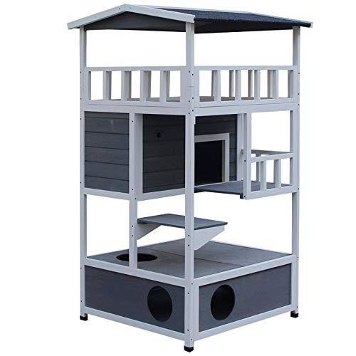 Pawhut Outdoor Solid Wood 4-Floor Cat Condo Pet Villa with Litter Box Space - Gray