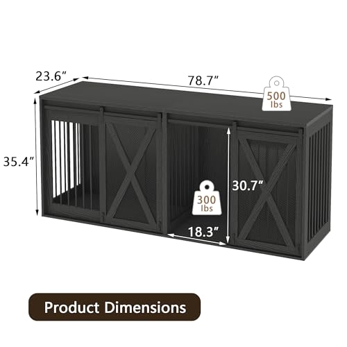 78.7" XXL Dog Crate Furniture for 2 Large Dogs, Heavy Duty Double Dog Cage Large Breed, 35.4" Tall Thick Wooden Dog Kennel TV Stand with Divider