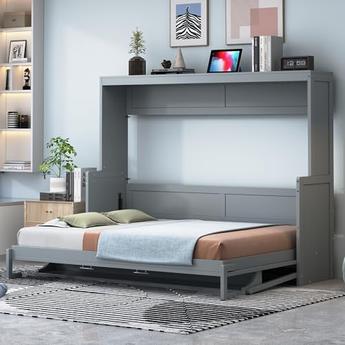 Ball & Cast Queen Size Murphy Bed,Murphy Bed Cabinet W/ 2 Five-Layer Cabinet,Hideaway Wall Bed W/LED Lights,Wood Hidden Bed Frame for Guest Room