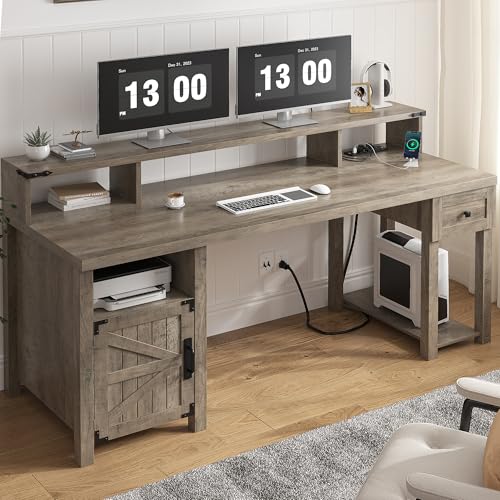 EnHomee Farmhouse Office Desk with Drawer & Power Outlets, Wood Computer Desk Monitor Stand for Bedchamber Study