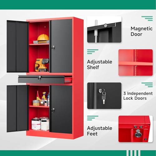 Letaya Metal Garage Storage Cabinet with Drawer,4 Door Tool Cabinet with Lock-2 Adjustable Shelves for Garage Home Office Utility Room (Black)