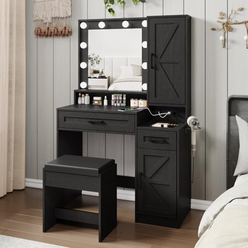 Fameill Vanity Desk with Mirror and Lights,Small Make up Vanity with Chair and Outlet,Makeup Table with Jewelry Cabinet