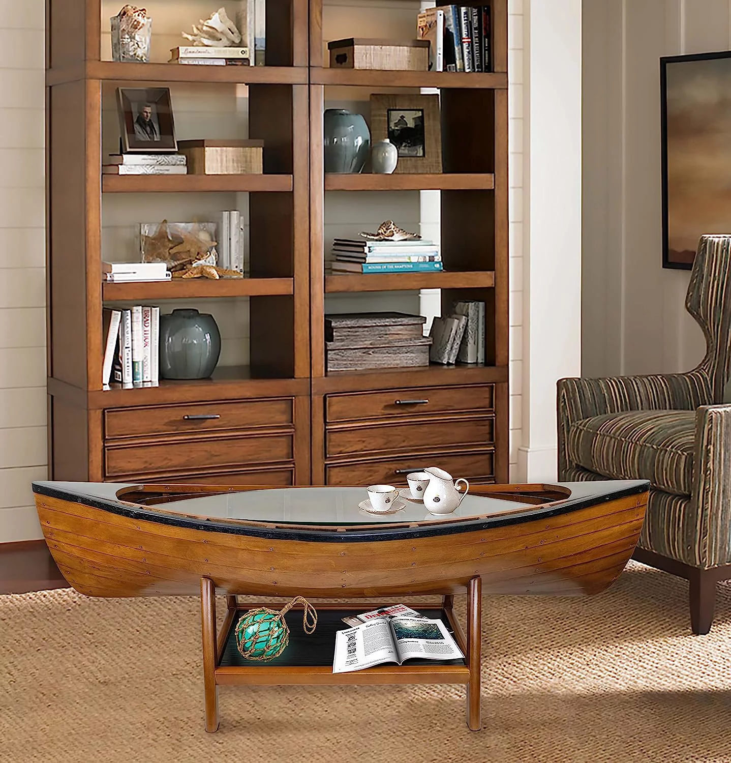 SAILINGSTORY Wooden Boat Canoe Coffee Table Lake House Decor Nautical Coastal Coffee Table Side Table Antique Honey Finish