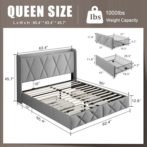Queen Bed Frame with 4 Storage Drawers and Charging Station, Upholstered Platform Bed Frame with Storage Headboard, No Box Spring Needed