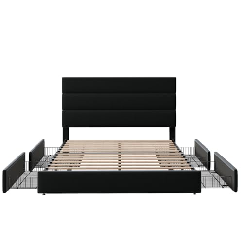 Allewie Modern Full Size Platform Bed Frame with 4 Storage Drawers and Velvet Upholstered Headboard, Wooden Slats Support