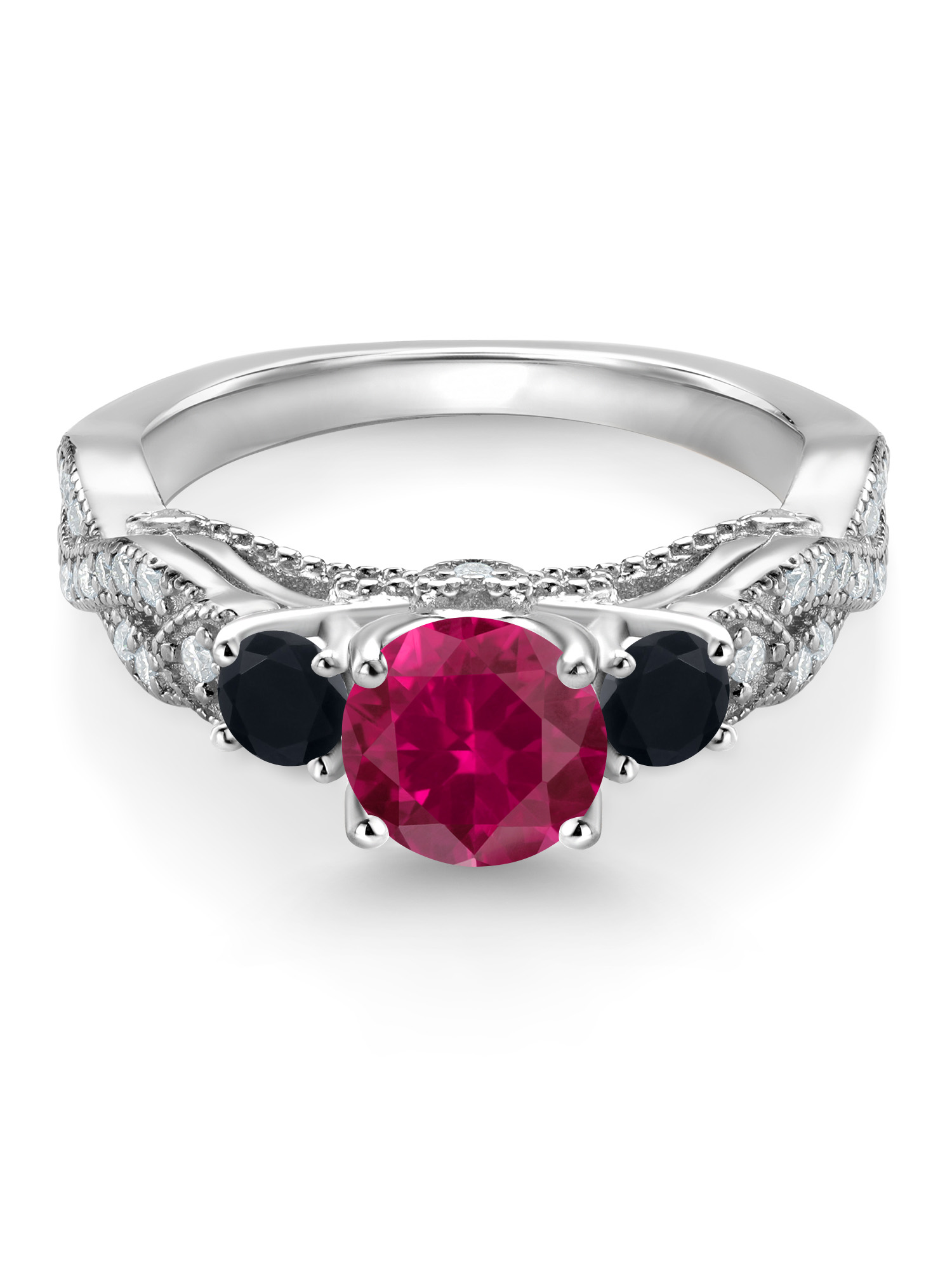 Gem Stone King 925 Sterling Silver Red Created Ruby Black Onyx and White Moissanite Engagement Ring For Women (1.47 Cttw, Gemstone July Birthstone