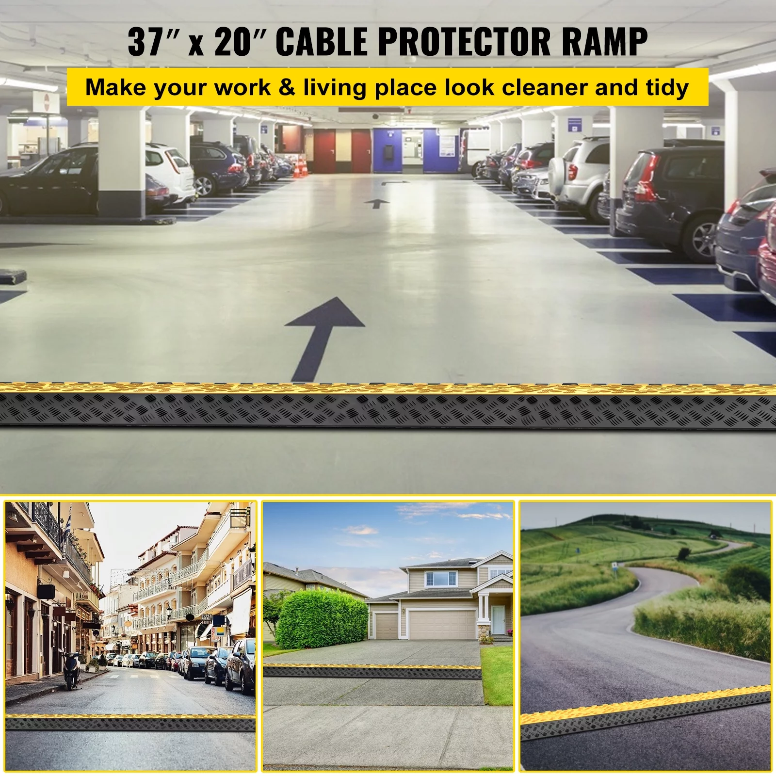 VEVORbrand 3-Channel Rubber Cable Protector Ramp 2 x 2.3 inch Channel Heavy Duty Cable Wire Cord Cover Ramp Speed Bump Driveway Hose Cable Ramp