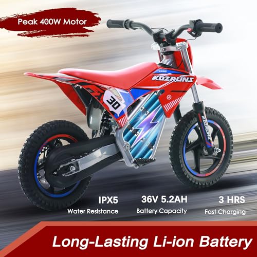 OLALA 36V Electric Dirt Bike for Kids Aged 4-8, Brushless 350W Racing Grade Electric Motorcycle, Up to 18.6MPH & 3 Speed Settings, Dual Disc Brakes