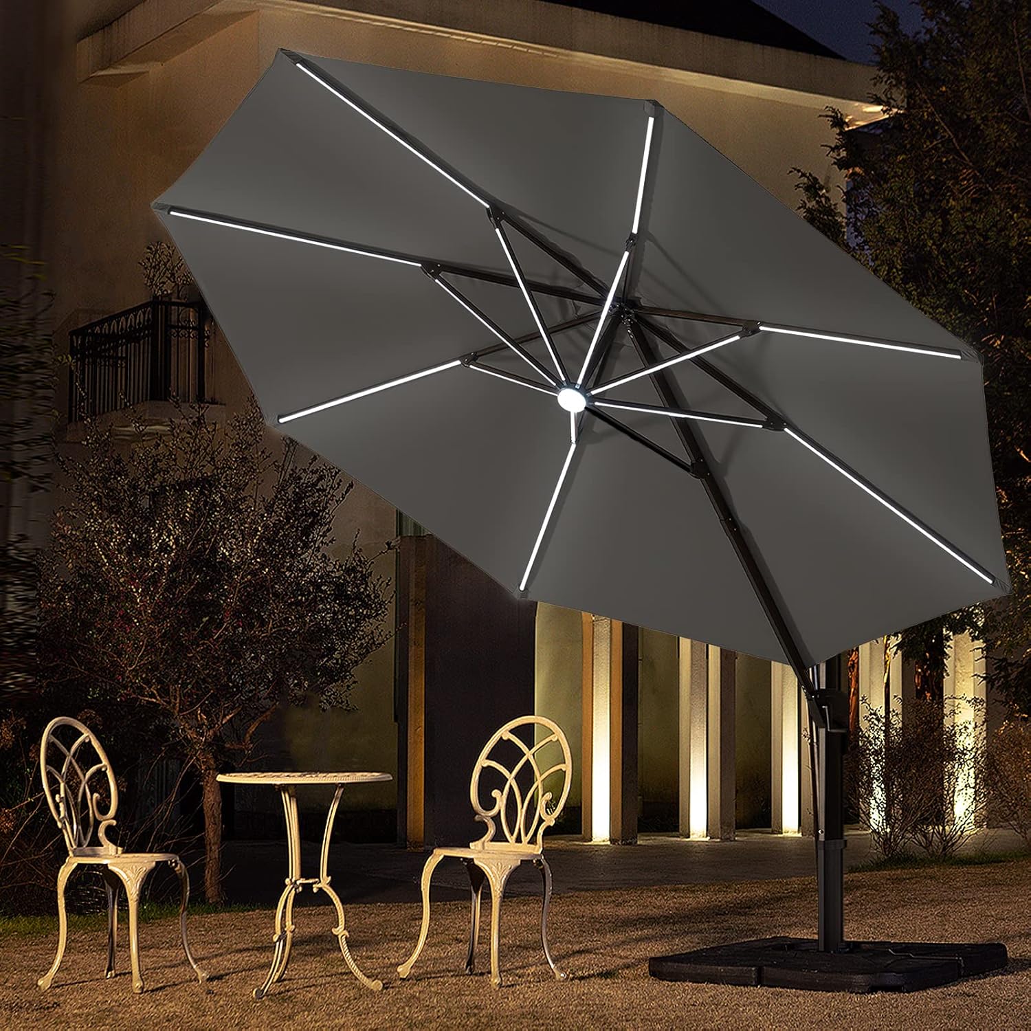 BLUU 10 FT Solar Cantilever Umbrella LED Patio Outdoor Umbrella Aluminum Offset Umbrella with 14 Strip Lights and Center light
