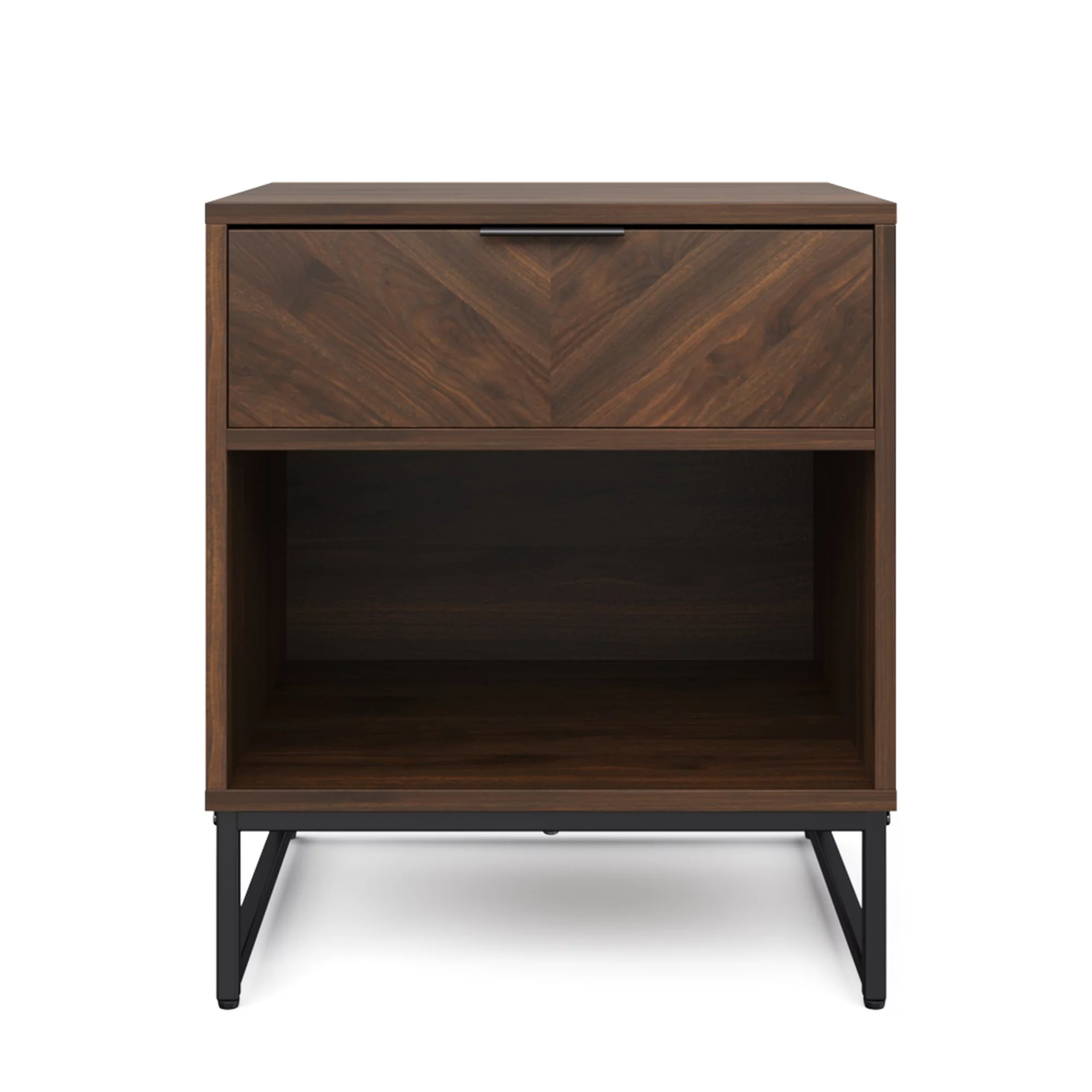 Nathan James Kensi Walnut Rustic Nightstand Black Matte Metal Base with Open Cubby for Storage and Drawer