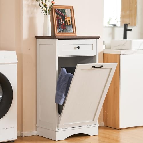 13 Gallons Tilt Out Trash Can Cabinet Freestanding Trash Cabinet Wood Garbage Recycling Cabinet with Hideaway Drawer Pet Proof Trash Can Holder for