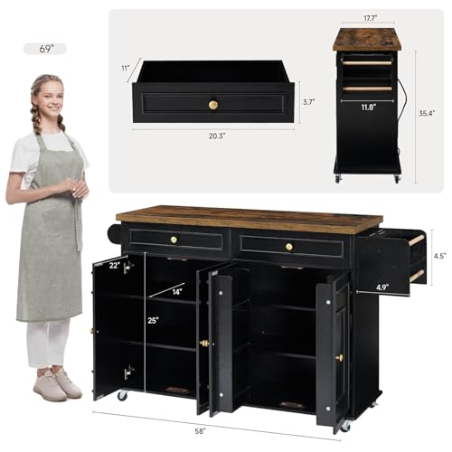 58" Mobile Kitchen Island, Kitchen Island Cart with Power Outlet, Island Table for Kitchen, Home Bar Carts with Storage