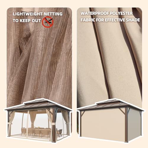YOLENY 10'x13' Hardtop Gazebo, Outdoor Polycarbonate Double Roof Canopy, Aluminum Frame Permanent Pavilion with Curtains and Netting