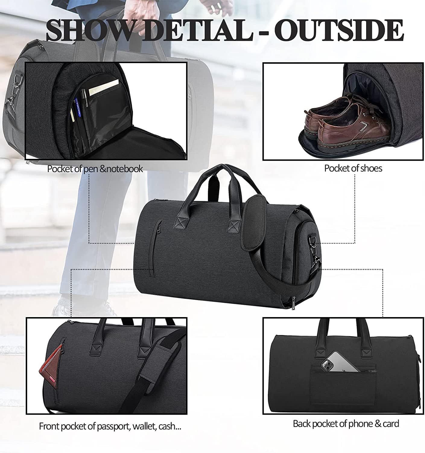 Carry On Garment Bag for Travel Suit Bag Men Women Dress, Convertible Garment Duffel Bag Hanging Clothes,Weekend Duffle Bags