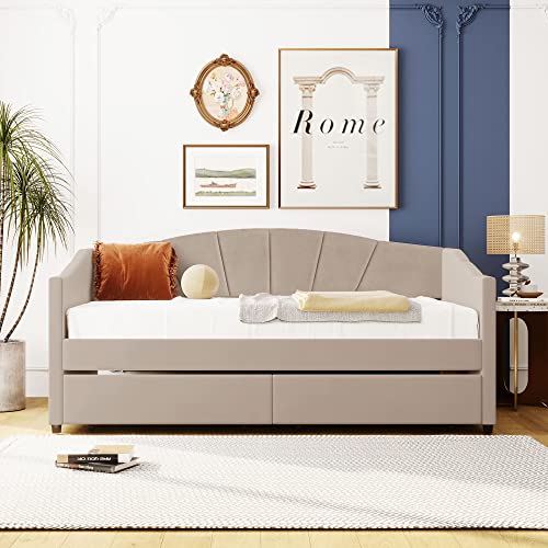 Harper & Bright Designs Twin Size Daybed, Upholstered Daybed with Two Storage Drawers, Wood Daybed Twin Size, Wood Slat Support Day Bed Frame