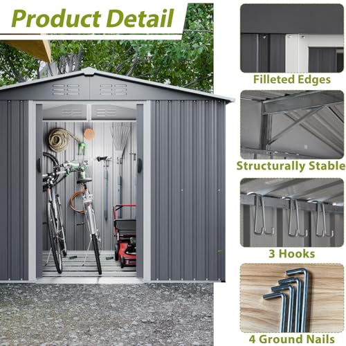 6x4 ft Small Outdoor Metal Storage Shed with Floor Frame & Lockable Door, Heightened Entry Garden Tool Shed for Backyard, Durable Galvanized Steel