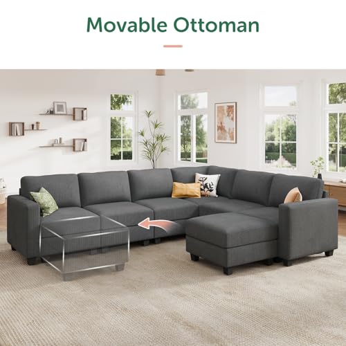 HONBAY Corduroy Modular Sectional Couch with Storage L-Shaped Sectional Couches for Living Room 6 Seater Modular Sofa, Dark Gray