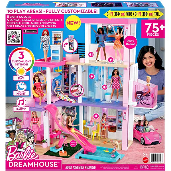 Barbie Dreamhouse (3.75-ft) 3-Story Dollhouse Playset with Pool & Slide, Party Room, Elevator, Puppy Play Area, Customizable Lights & Sounds