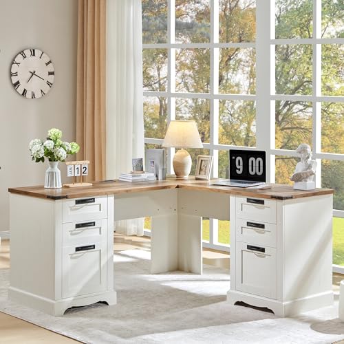 RedLemon 60" Farmhouse L Shaped Executive Desk with Drawers, Wood Home Office Corner Desk with Charging Station, File Drawer, Storage Cabinet