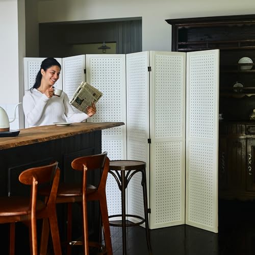 Pegboard Display, 5.6Ft Wooden Room Divider Folding Privacy Screens Portable Freestanding Wall Organizer for Retail Craft Art Display Board (4panels