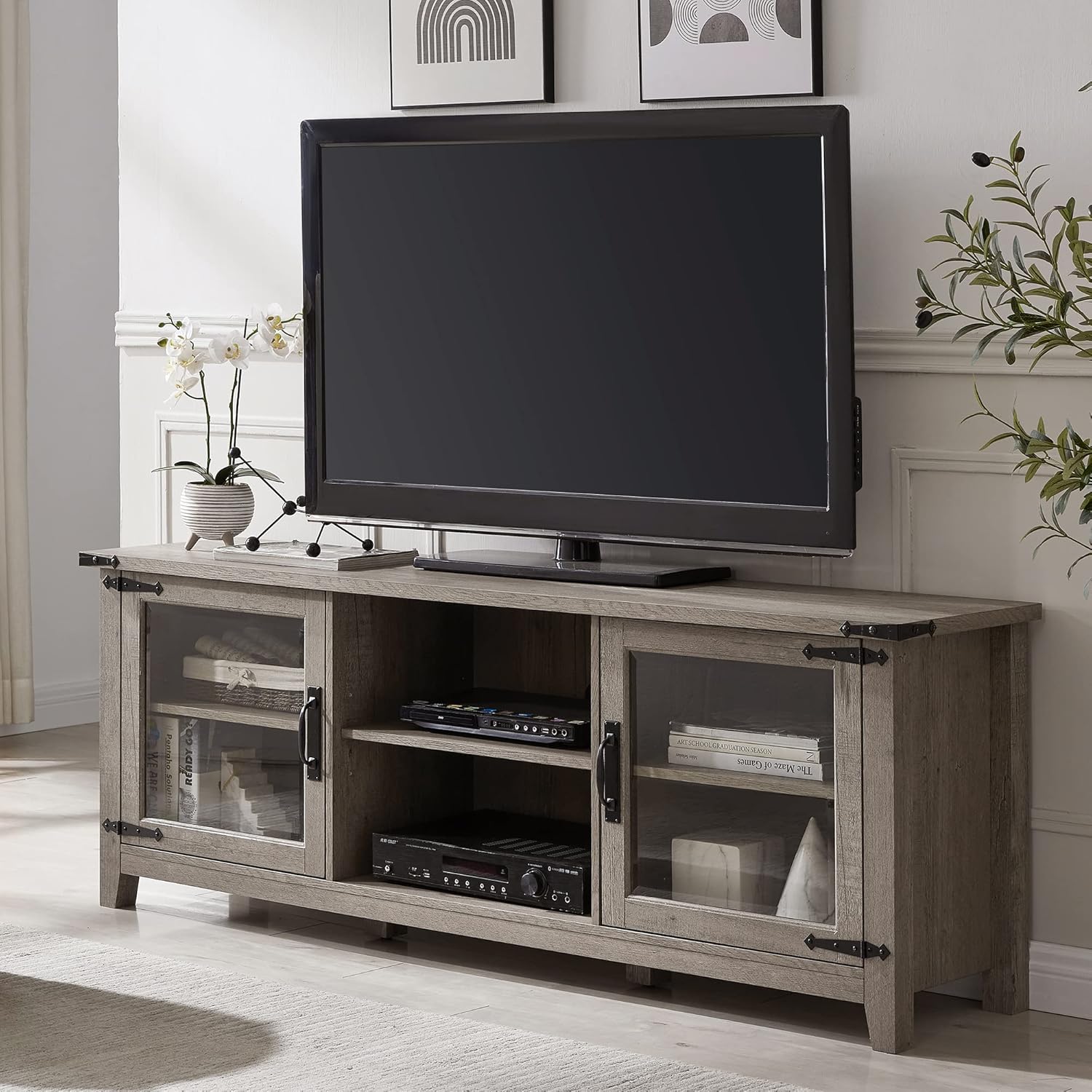 OKD Tall Rustic TV Stand Wood Farmhouse Entertainment Center Media TV Console Table for TVs Up to 65 Inch, with Glass Storage Cabinets & Open Shelves