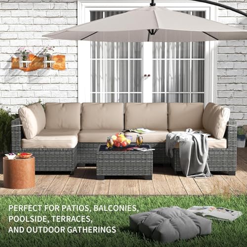 6 Piece Outdoor Patio Furniture Set with Coffee Table, Rattan Deck Conversation Sofa Set