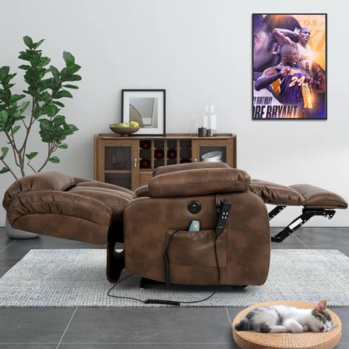 EDILLY Large Genuine Leather Power Lift Recliner Chairs for Elderly, Dual Motor with Massage and Heating,Double Lumbar Cushion and Extended Footrest