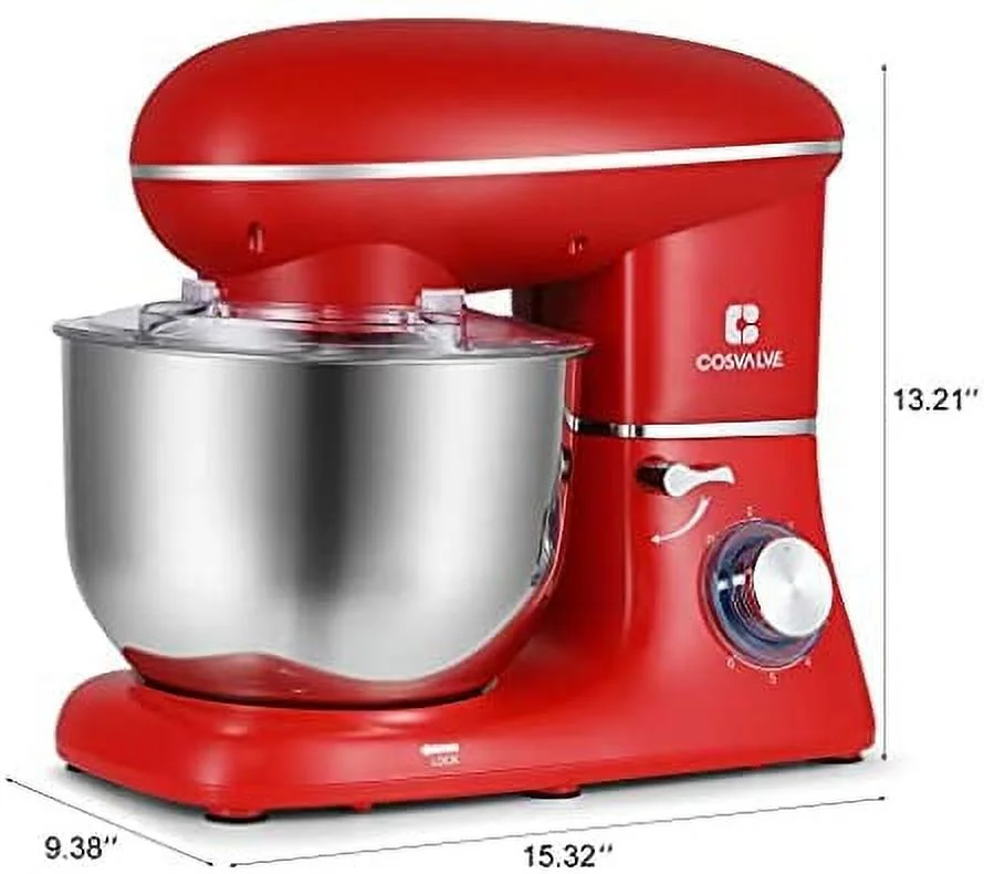 Stand Mixer, 6-Speed Electric Mixer, Tilt-Head Food Mixer with Dough Hook, Wire Whip & Beater, 6.2QT Stainless Steel Bowl, Red