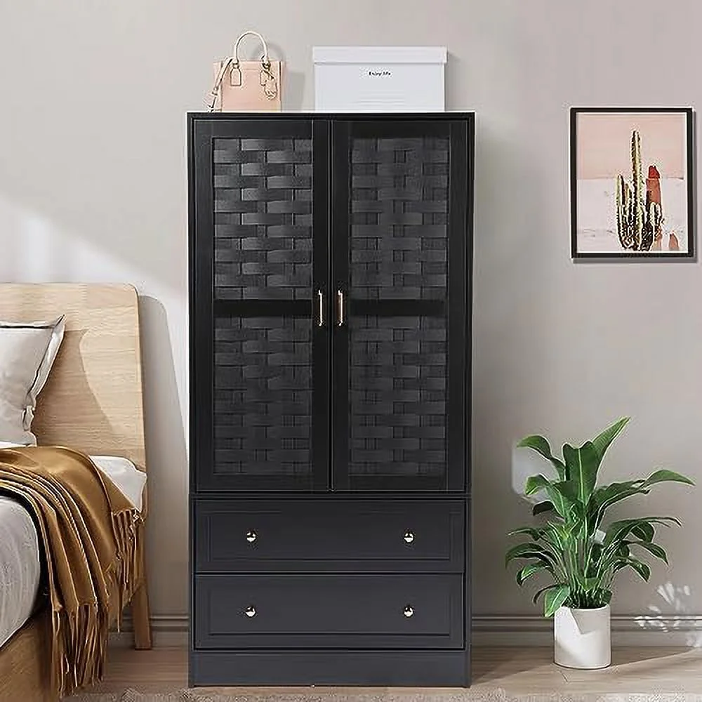 KHBIULIFE Armoire Wardrobe Closet with 2 Woven Doors  Wardrobe Cabinet with 2  Drawers and Hanging Rail  Freestanding Wooden Closet for Bedroom
