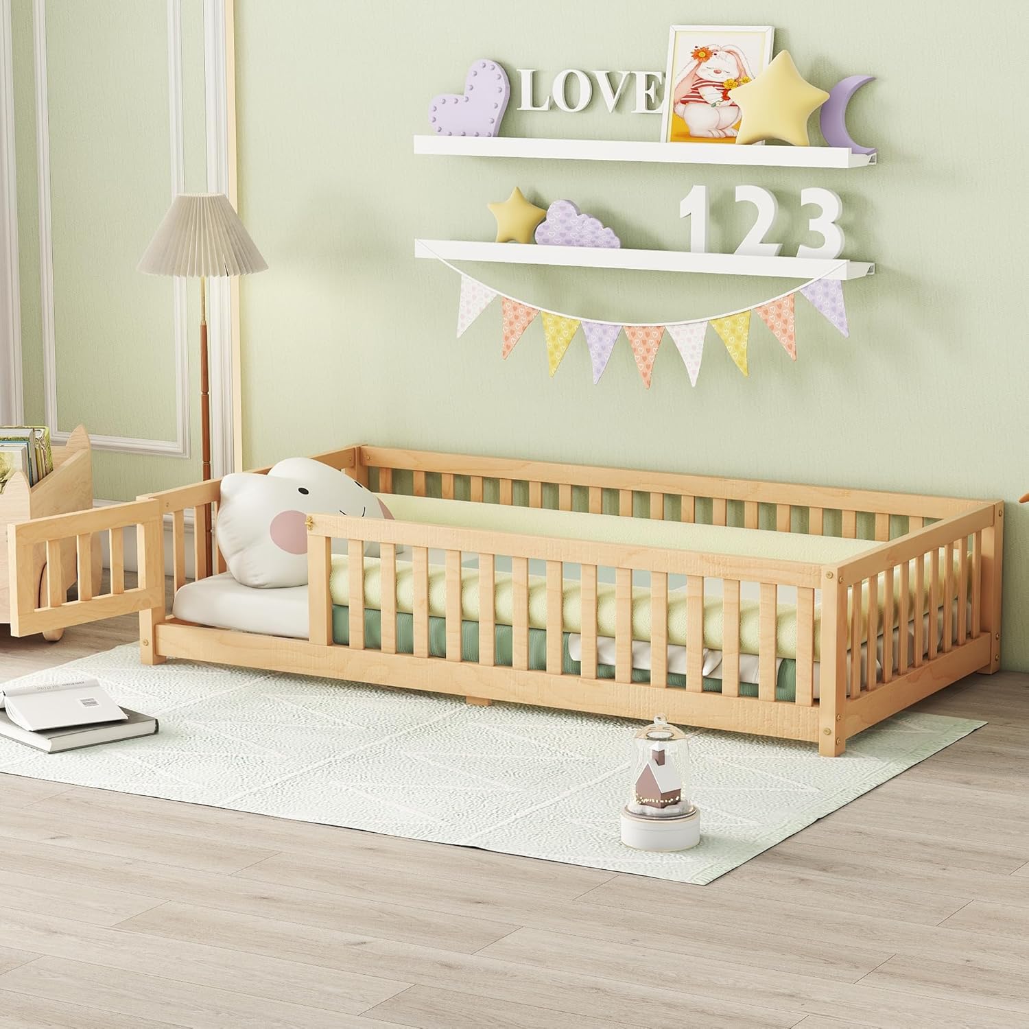VOXIV Twin Size Montessori Floor Bed,Twin Size Floor Bed with Door and Fence, Floor-Bed-Frame for Children Bedroom,Toddlers, Boys Girls,Easy Assembly