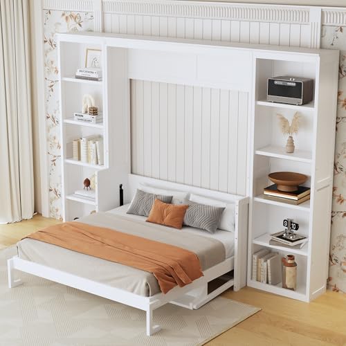 SOFTSEA Full Size Murphy Bed with Desk and Shelves, 110" Solid Folable Platform Bed with Double Storage Cabinets