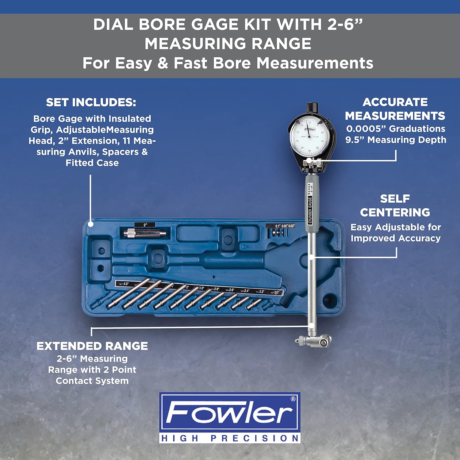 Fowler 52-646-300-0 Dial Bore Gage with 2-6 Measuring Range, Self-Centering Bore Gage with 9.5 Depth & Carbide Anvils