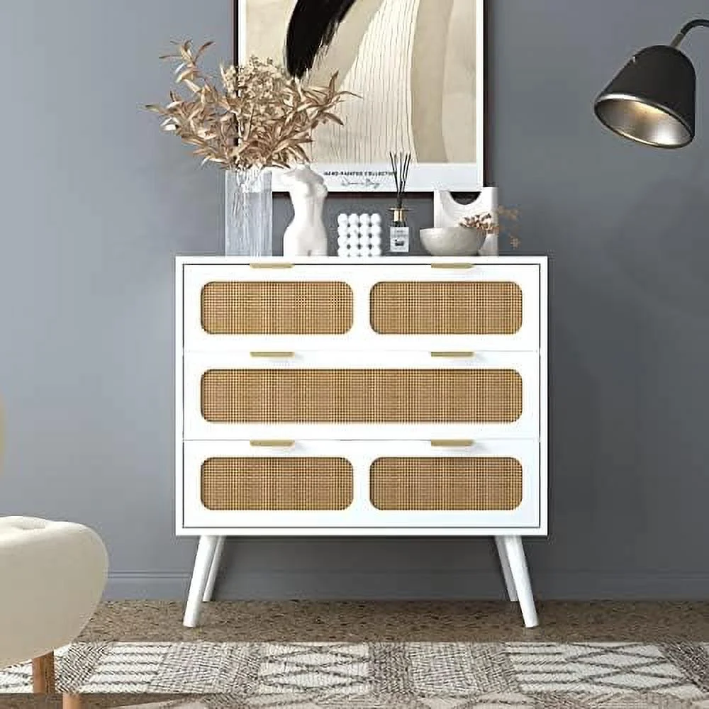 TJUNBOLIFE 3 Drawer Dresser  Modern Rattan Dresser Chest with Wide Drawers and Metal Handles  Farmhouse Wood  Chest of Drawers for Bedroom  Living