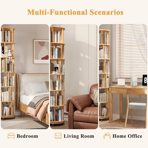 6 Tier Rotating Bookshelf Tower Spinning Bookshelf with Swivel Wheels Book Shelf Rotating Storage Tower for Kids Adult Narrow Walnut Solid Wood