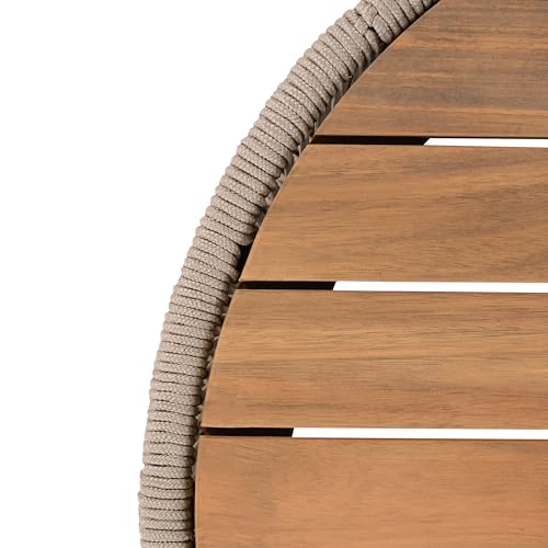 Outdoor Rattan Coffee Table with Solid Acacia Wood Tabletop, Patio Round Coffee Table Side Table (Grey)
