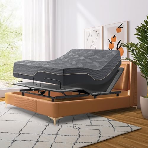 Split King Adjustable Bed Frame with Mattress, 12 Inch Grey Gel Memory Foam Medium-Firm Mattress in Box